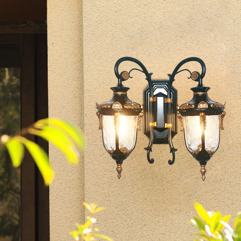 2-Bulb Clear Glass Wall Light Countryside Black and Gold/Copper Urn Courtyard Wall Sconce Lighting