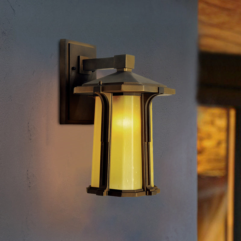 Tan/White Glass Lantern Sconce Retro Style Single Head Outdoor Wall Mounted Light Fixture