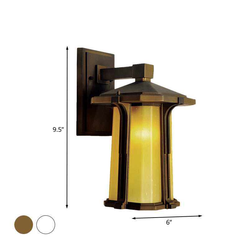 Tan/White Glass Lantern Sconce Retro Style Single Head Outdoor Wall Mounted Light Fixture