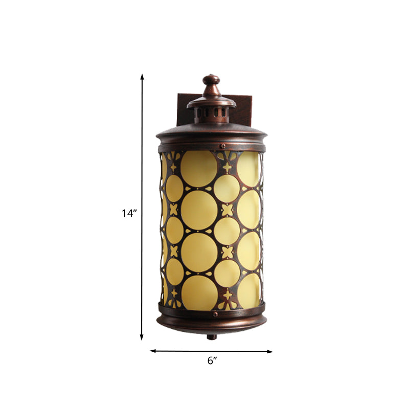 Rural Cylinder Wall Sconce Lamp Single Light Yellow Glass Wall Light in Bronze with Circle Design