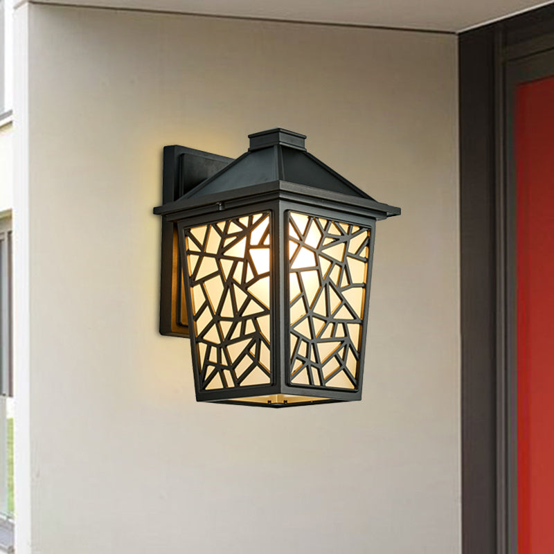Black 1 Head Wall Sconce Lighting Lodge Frosted Glass Lantern Wall Mounted Light Fixture