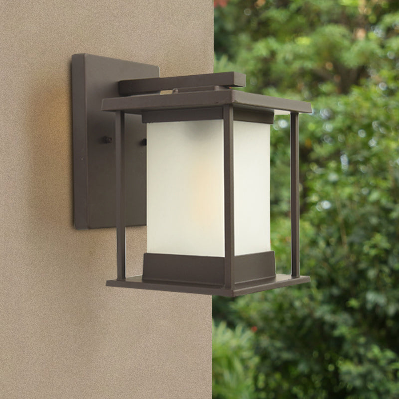 White Glass Rectangle Wall Lamp Rustic 1 Bulb Outdoor Wall Light in Coffee/Black with Metal Frame