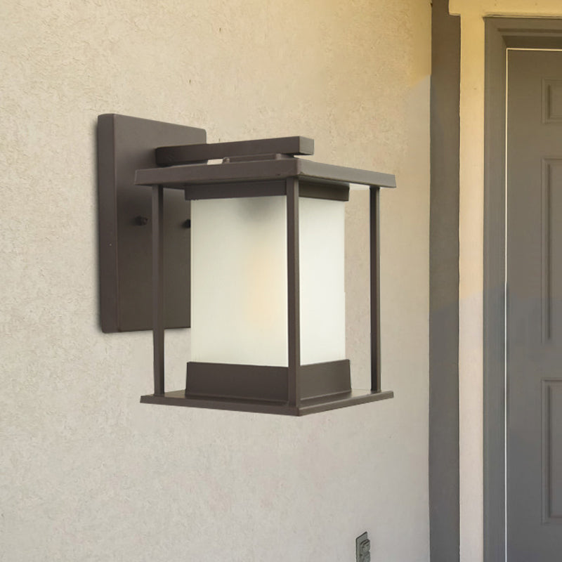 White Glass Rectangle Wall Lamp Rustic 1 Bulb Outdoor Wall Light in Coffee/Black with Metal Frame