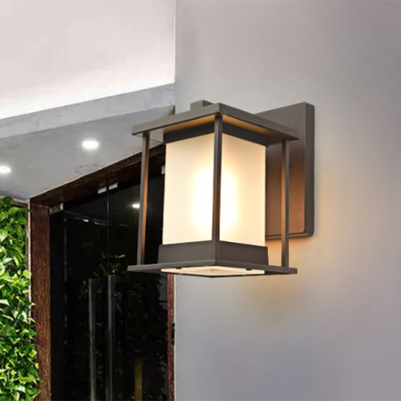 White Glass Rectangle Wall Lamp Rustic 1 Bulb Outdoor Wall Light in Coffee/Black with Metal Frame