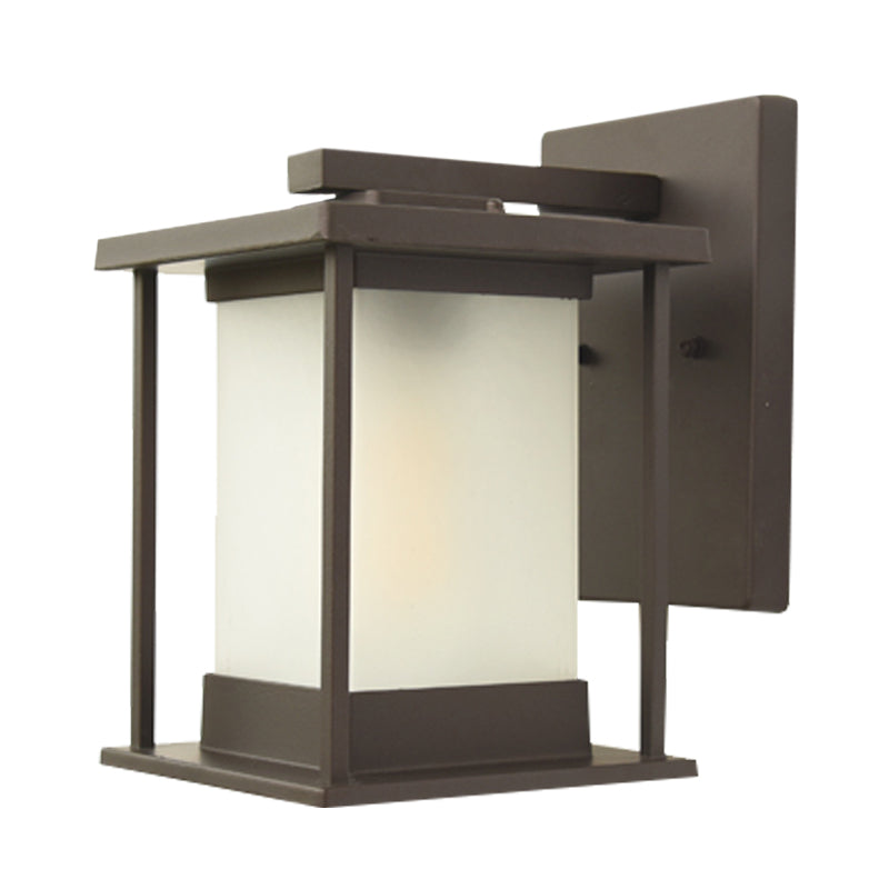 White Glass Rectangle Wall Lamp Rustic 1 Bulb Outdoor Wall Light in Coffee/Black with Metal Frame