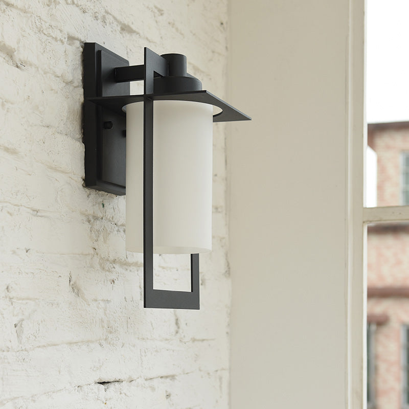 Countryside Cylinder Wall Light Single Bulb White Glass Wall Sconce in Black with Rectangle Frame