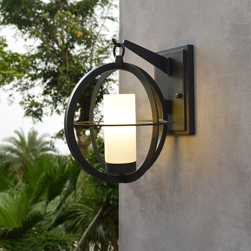 1 Bulb Cylinder Sconce Rural Black Frosted Glass Wall Lighting Fixture with Global Metal Cage