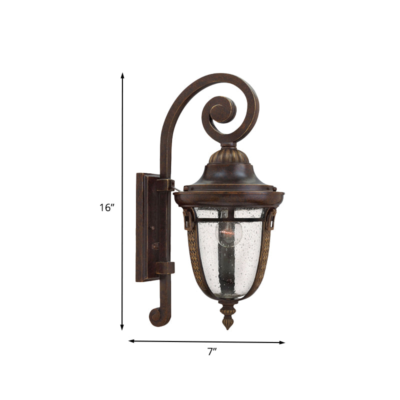 Scrolling Arm Metal Wall Lamp Rustic 1 Light Outdoor Sconce in Bronze with Seedy Glass Shade