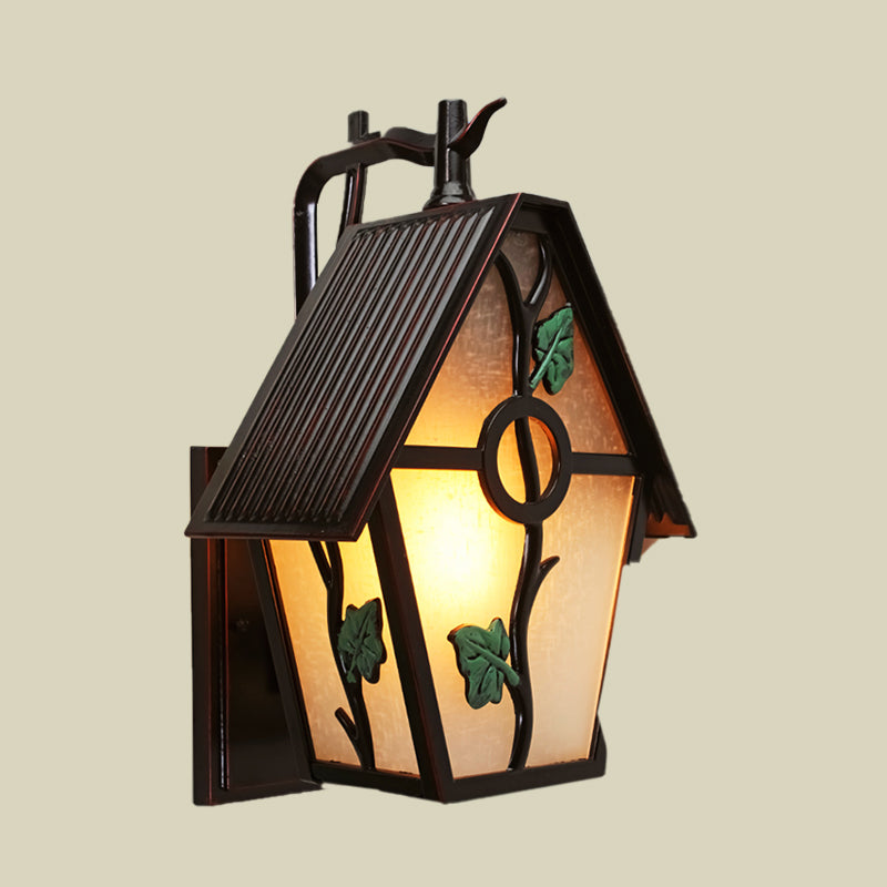 House White Glass Wall Sconce Rural 1-Light Outdoor Wall Light in Coffee with Leaf Design