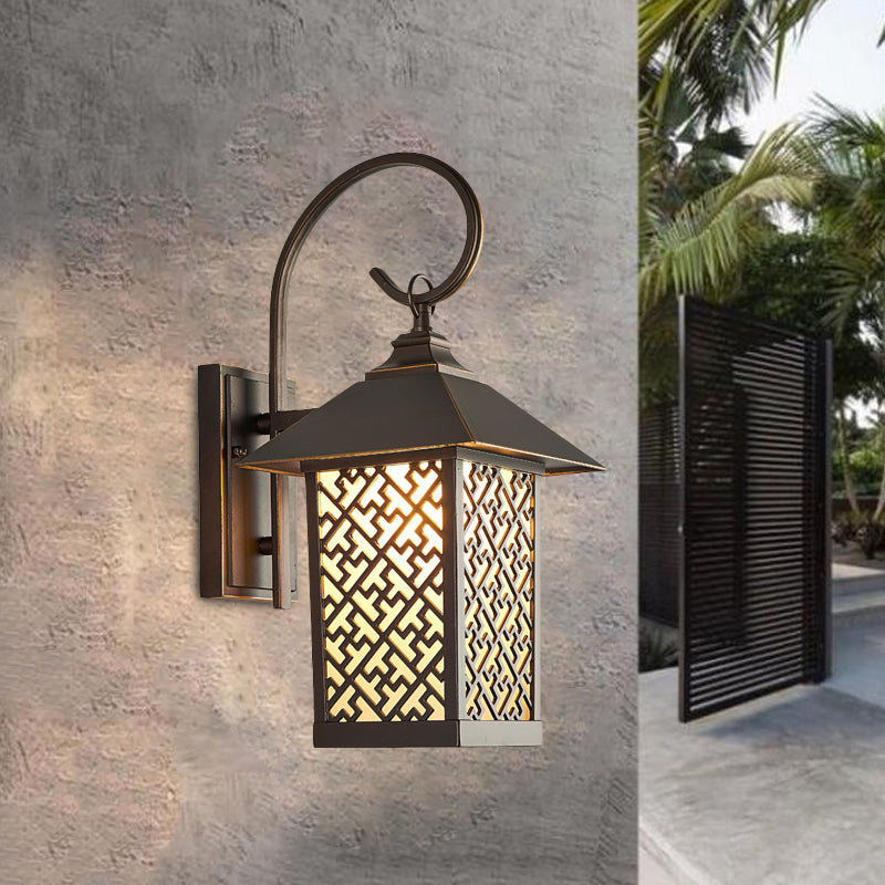 1-Bulb Curved Arm Sconce Light Rural Coffee Frosted Glass Wall Mounted Lighting for Outdoor