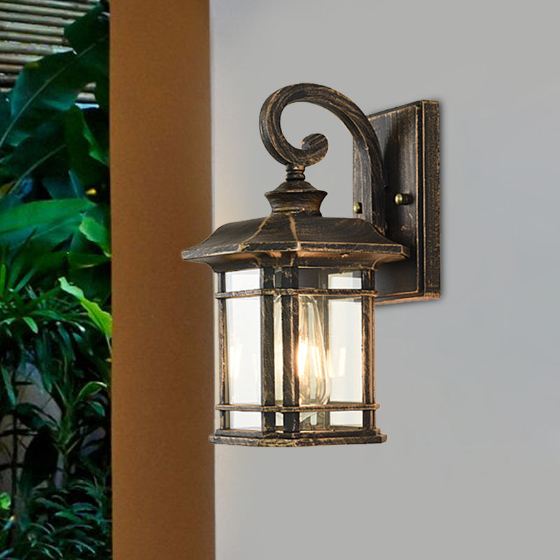 Bronze Curvy Arm Wall Lighting Countryside Clear Ripple Glass Single Head Outdoor Sconce