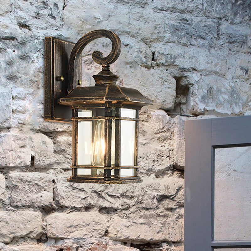 Bronze Curvy Arm Wall Lighting Countryside Clear Ripple Glass Single Head Outdoor Sconce