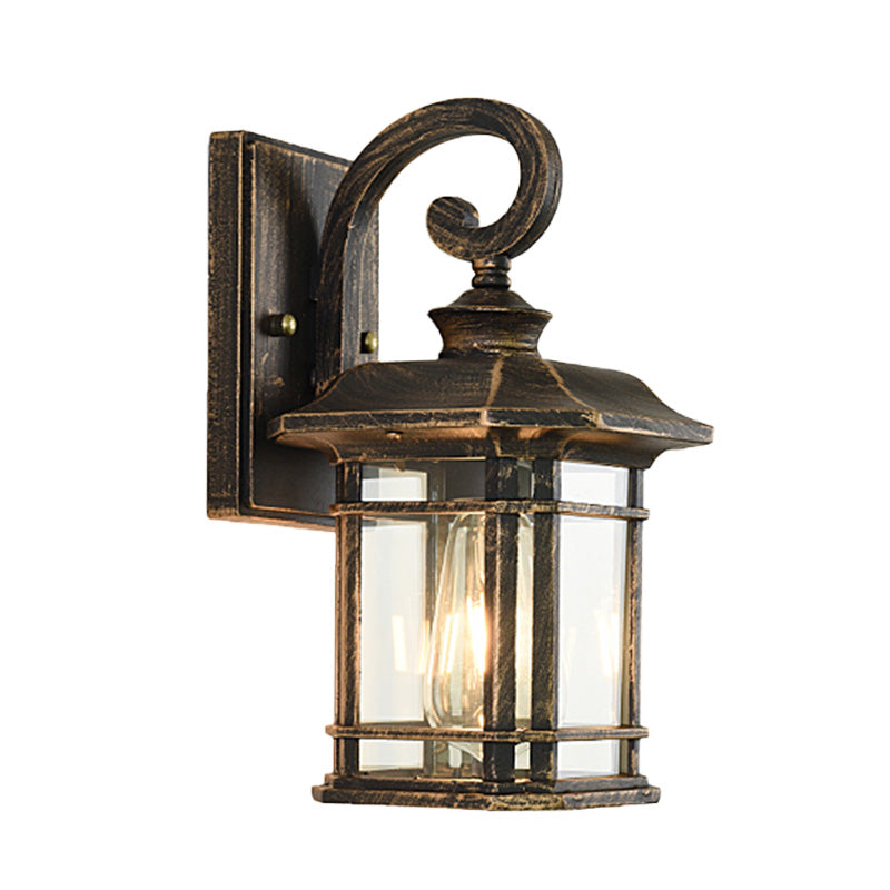 Bronze Curvy Arm Wall Lighting Countryside Clear Ripple Glass Single Head Outdoor Sconce