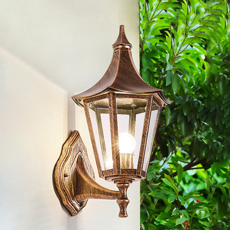 Clear Glass Pavilion Wall Sconce Retro 1 Light Courtyard Wall Lighting Fixture in Bronze