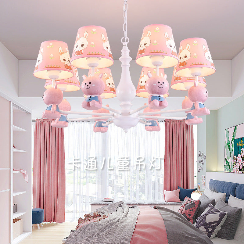 Girls Bedroom Bunny Hanging Lights Metal Animal Pink Pendant Light with Fabric Shade