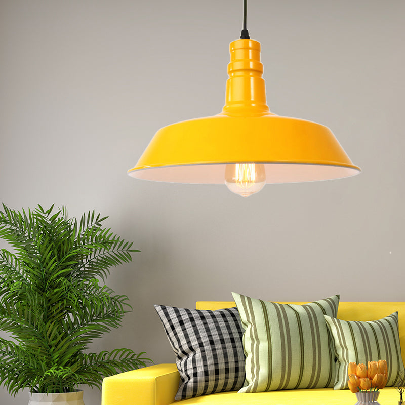Metal Barn Shade Hanging Lamp Retro Style 1 Bulb Living Room Ceiling Pendant Fixture in Pink/Yellow, 10"/14"/18" Diameter