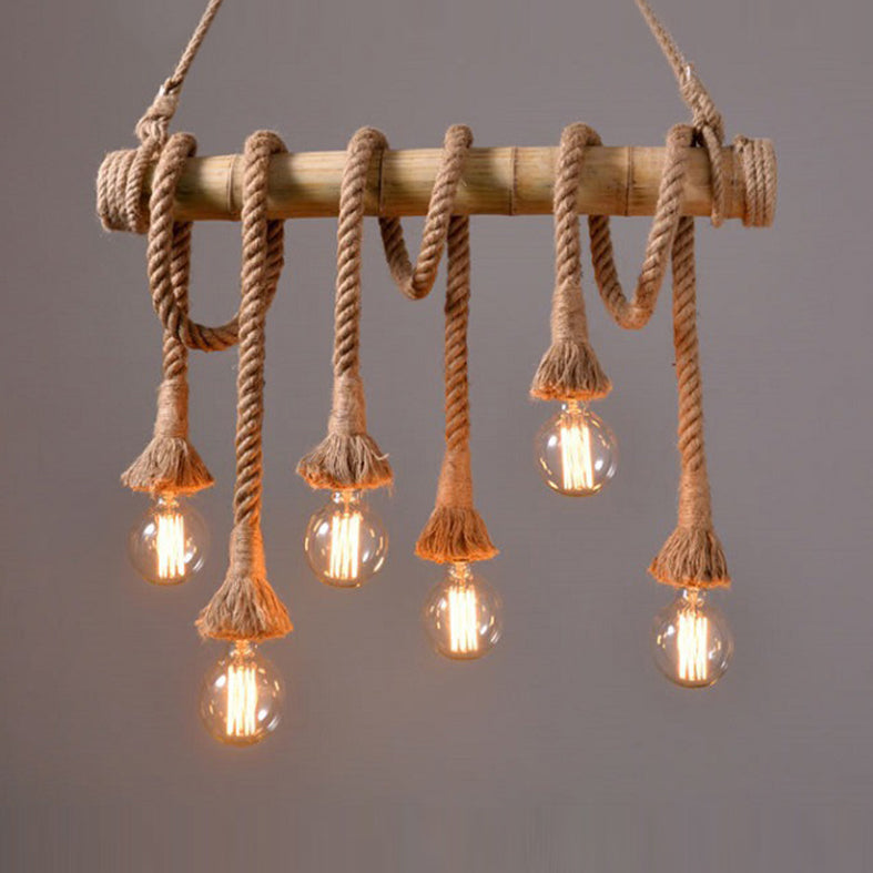 Country Rope Rope Island Light 3/4/6-Light Bamboo Island Pendant Light avec une ampoule nue en beige