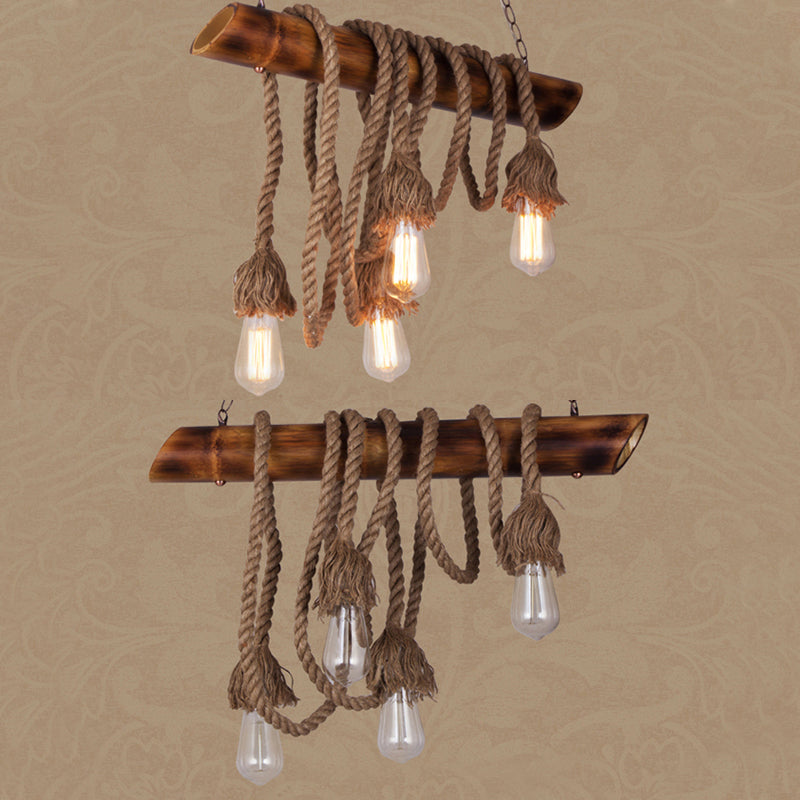 Country Rope Rope Island Light 3/4/6-Light Bamboo Island Pendant Light avec une ampoule nue en beige