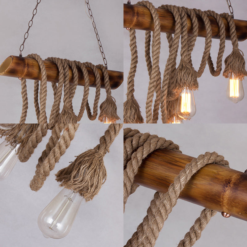 Country Rope Rope Island Light 3/4/6-Light Bamboo Island Pendant Light avec une ampoule nue en beige