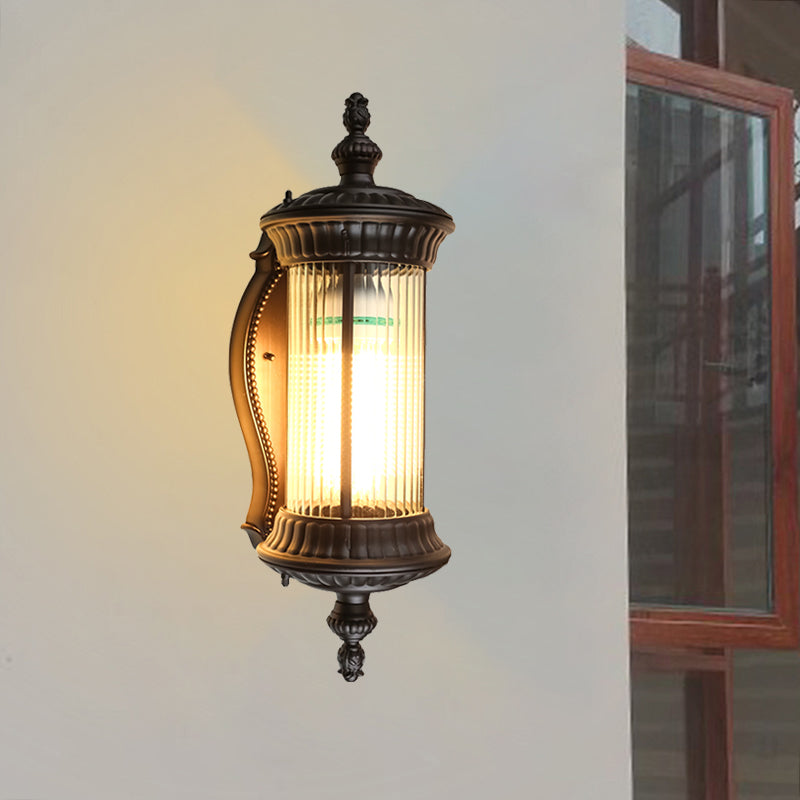 Lodge Cylindrical Sconce Fixture Single Light Clear Prismatic Glass Wall Lamp in Dark Coffee