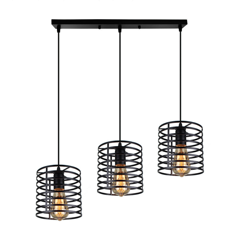 Luz colgante metálica cilíndrica con sombra jaula industrial 3 bombillas Lámpara de comedor en negro