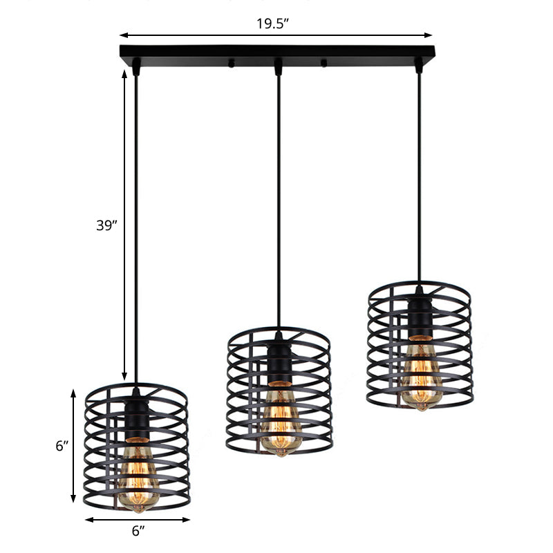 Luz colgante metálica cilíndrica con sombra jaula industrial 3 bombillas Lámpara de comedor en negro