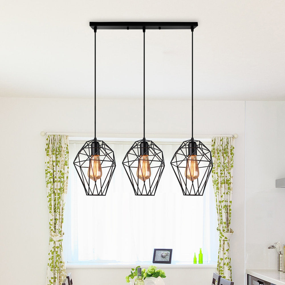 Metallic Black Suspended Light Geometric 3 Bulbs Vintage Ceiling Pendant Lamp with Cage Shade and Round/Linear Canopy