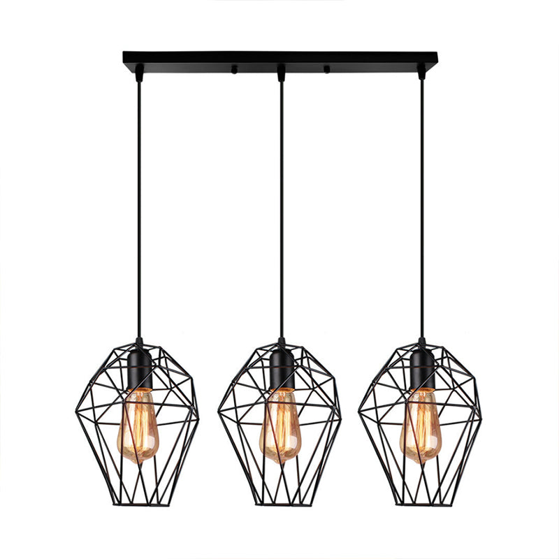 Metallic Black Suspended Light Geometric 3 Bulbs Vintage Ceiling Pendant Lamp with Cage Shade and Round/Linear Canopy