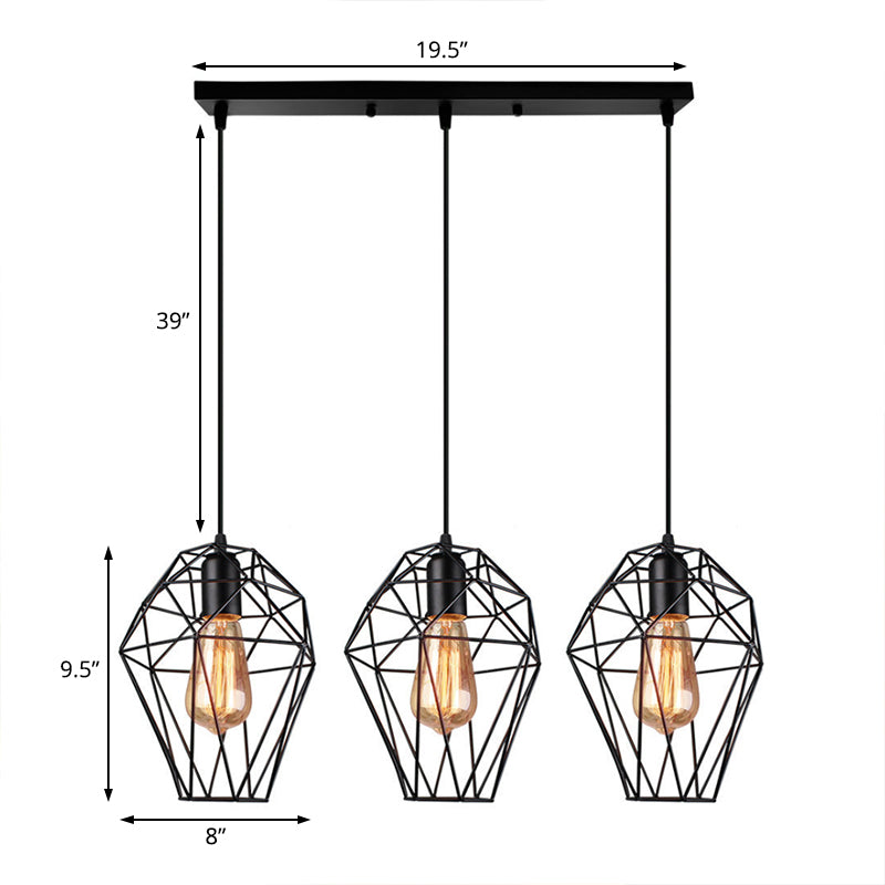 Metallic Black Suspended Light Geometric 3 Bulbs Vintage Ceiling Pendant Lamp with Cage Shade and Round/Linear Canopy