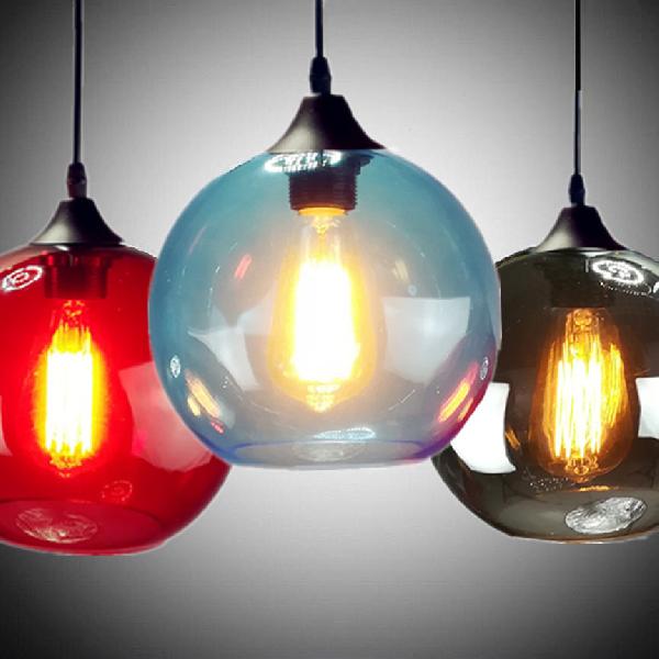 Globe Pendant Light Industrial 1 Light 8"/10" Wide Grey/Red/Blue Glass Hanging Lamp in Black