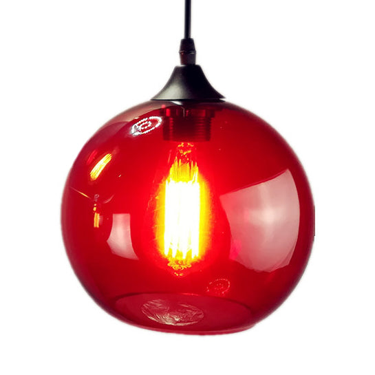Globe Pendant Light Industrial 1 Light 8"/10" Wide Grey/Red/Blue Glass Hanging Lamp in Black
