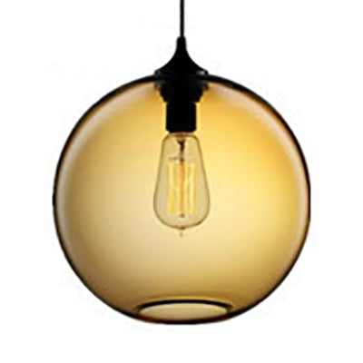 Globe Pendant Light Industrial 1 Light 8"/10" Wide Grey/Red/Blue Glass Hanging Lamp in Black