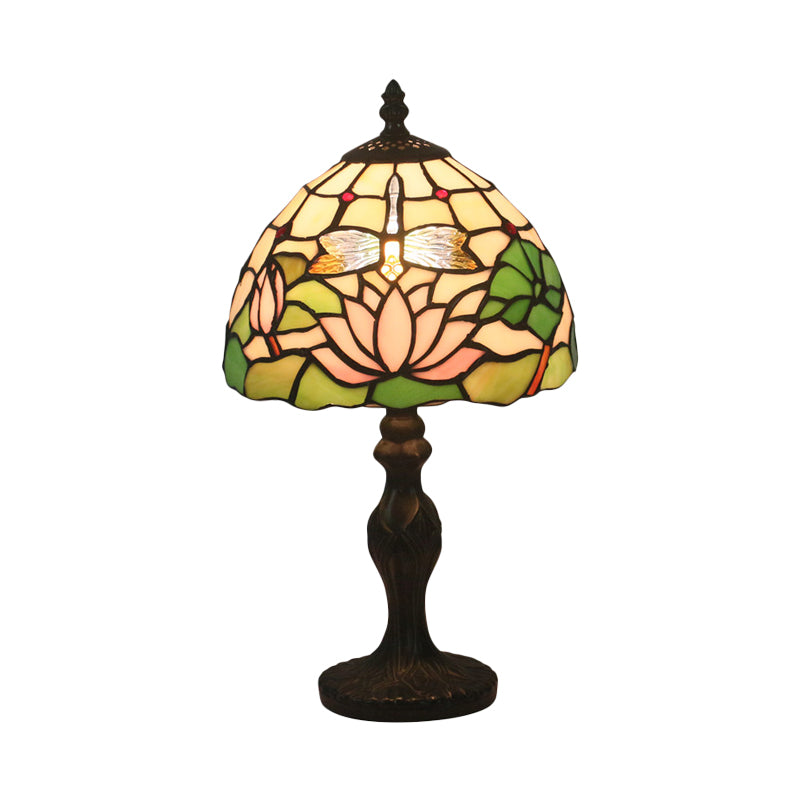 Lotus Pattern Table Lighting Tiffany Cut Glass 1-Light Dark Brown Night Stand Lampe