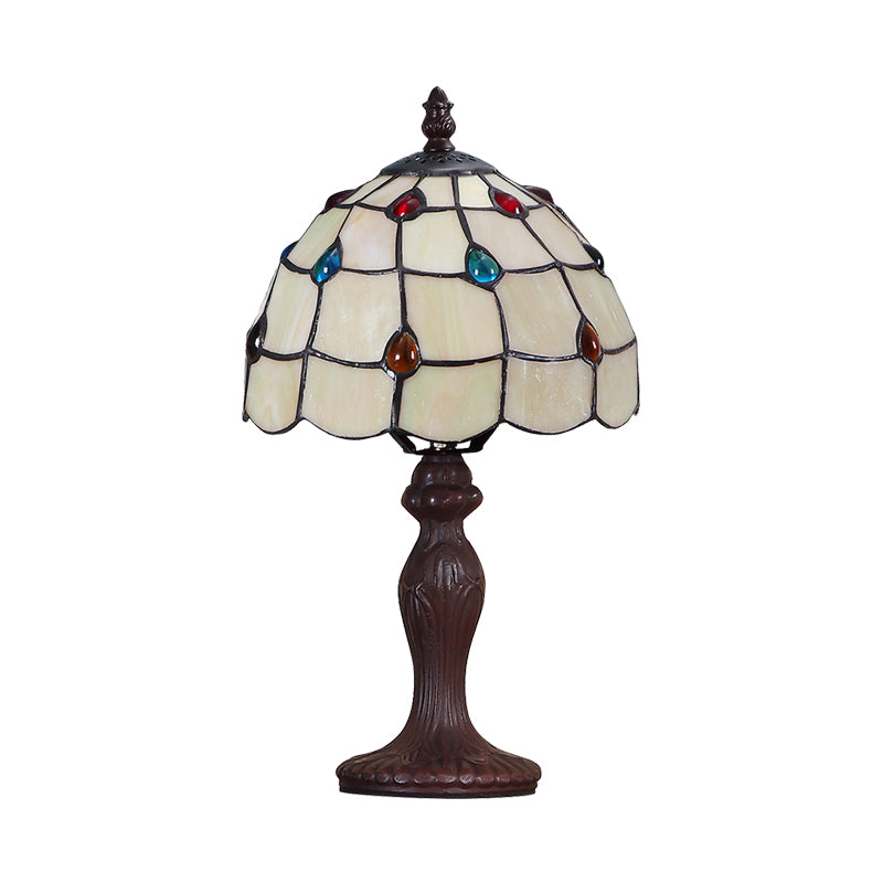 Stained Glass Dark Brown Table Light Jewel-Embellished Scalloped 1 Bulb Tiffany Nightstand Lamp