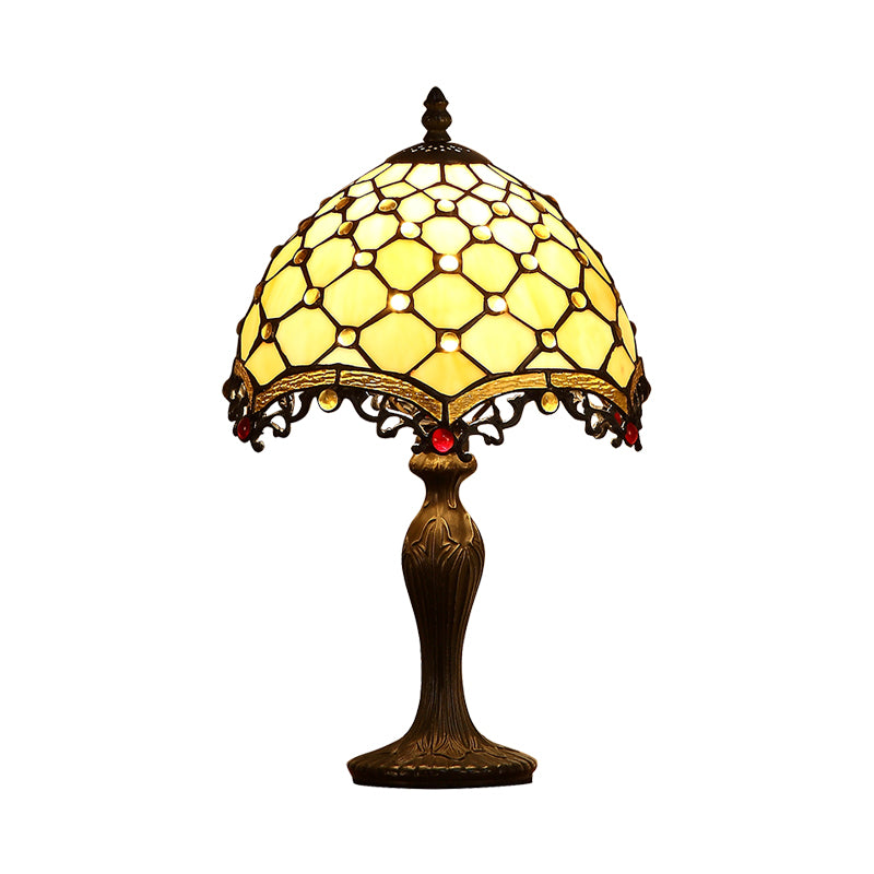 Wave-Trim Fishscale Table Lamp 1 Bulb Tan Glass Baroque Nightstand Light in Dark Brown for Living Room