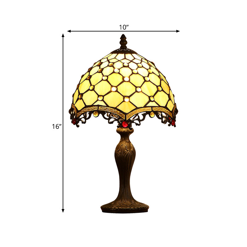 Wave-Trim Fishscale Table Lamp 1 Bulb Tan Glass Baroque Nightstand Light in Dark Brown for Living Room