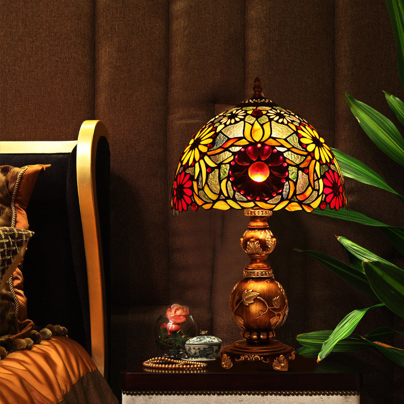 Chrysanths tafellampje Tiffany gebrandschilderd glas 1 kop bruin nachtstandlicht met koepelschaduw