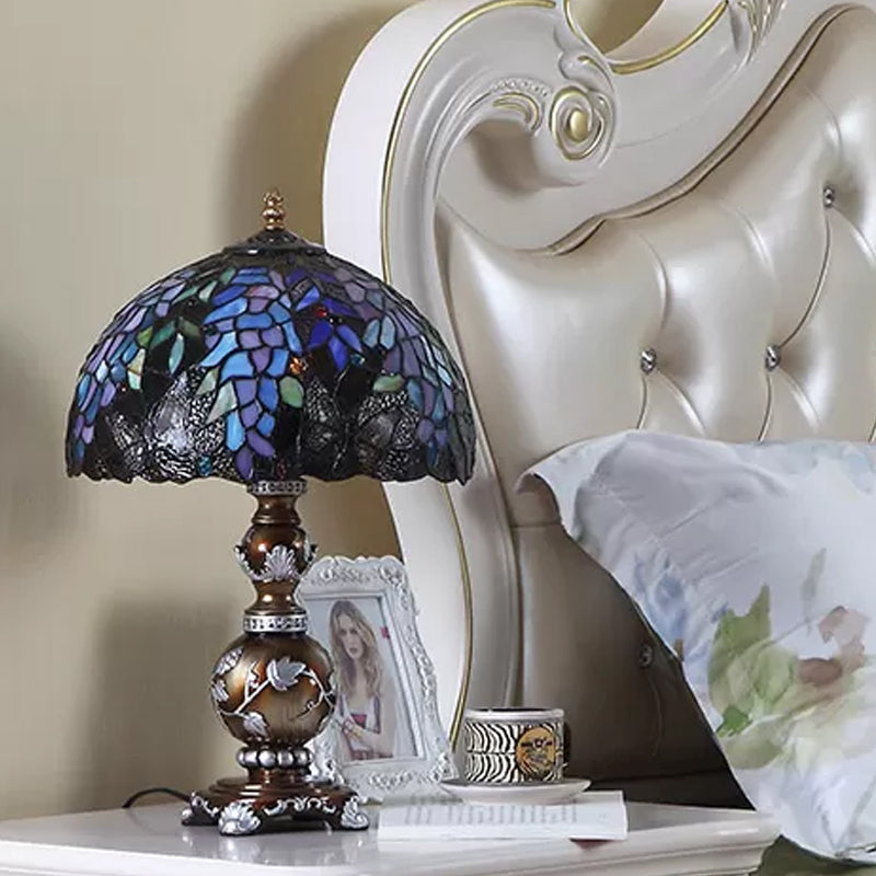 Brown Gourd Table Lighting Baroque 1 Bulb Resin Nightstand Lamp with Locust Stained Glass Shade