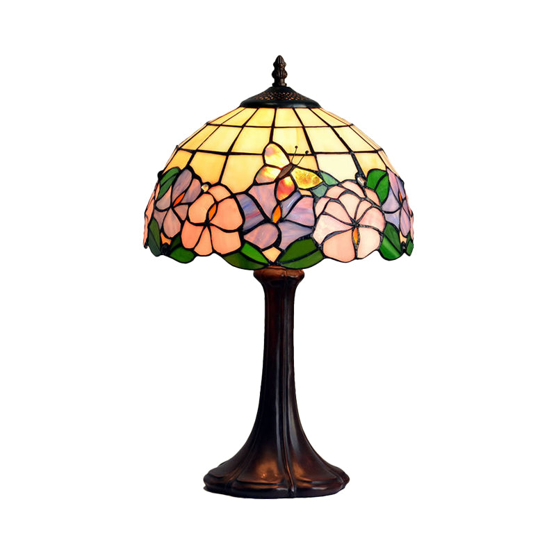 Tiffany Grid Shade Table Lamp 1 Licht handgemaakt glazen nachtlicht met bloem en vlinderpatroon in koffie