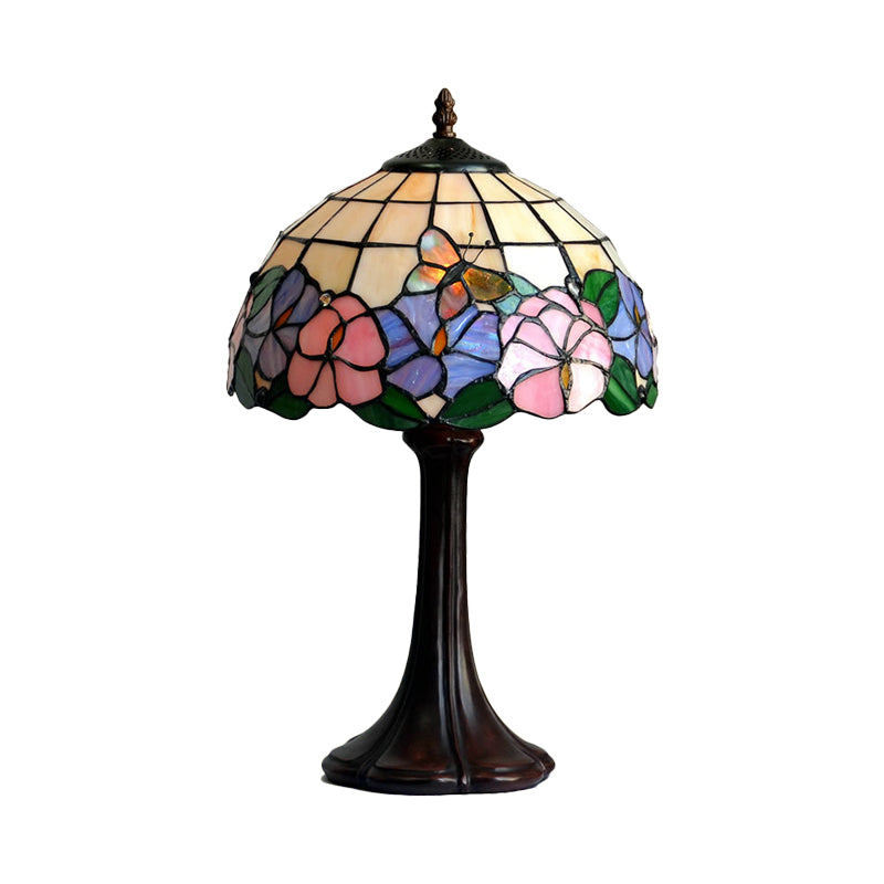 Tiffany Grid Shade Table Lamp 1 Licht handgemaakt glazen nachtlicht met bloem en vlinderpatroon in koffie