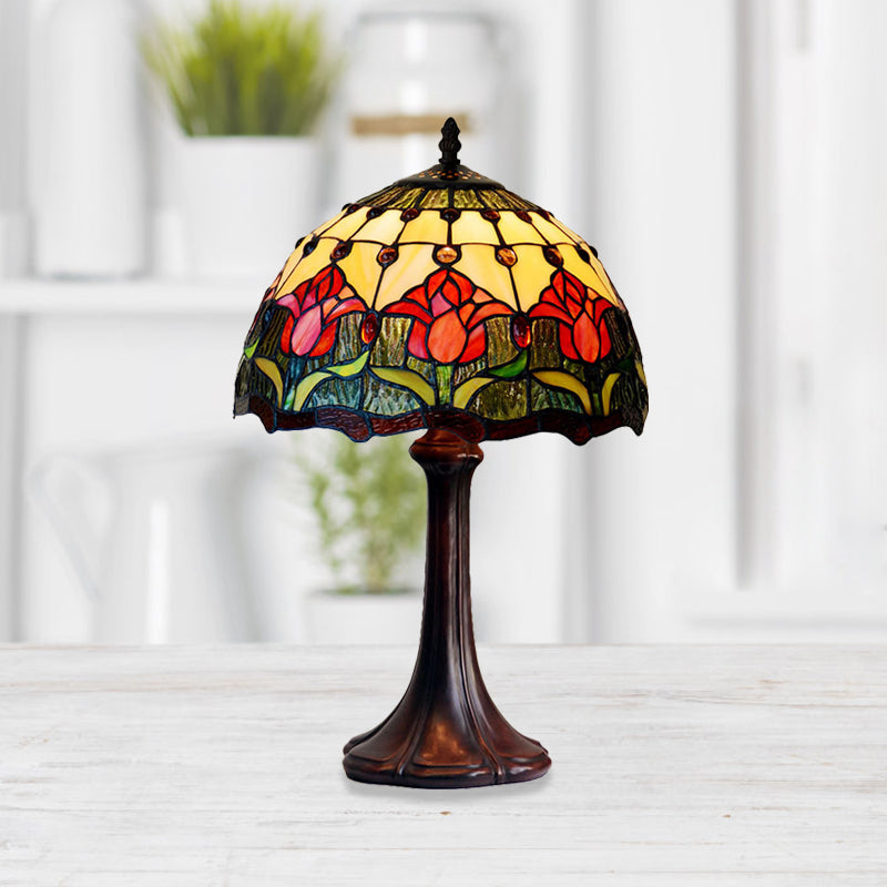 Flower Patterned Table Light Tiffany Style Stained Glass 1 Bulb Bronze Night Lamp