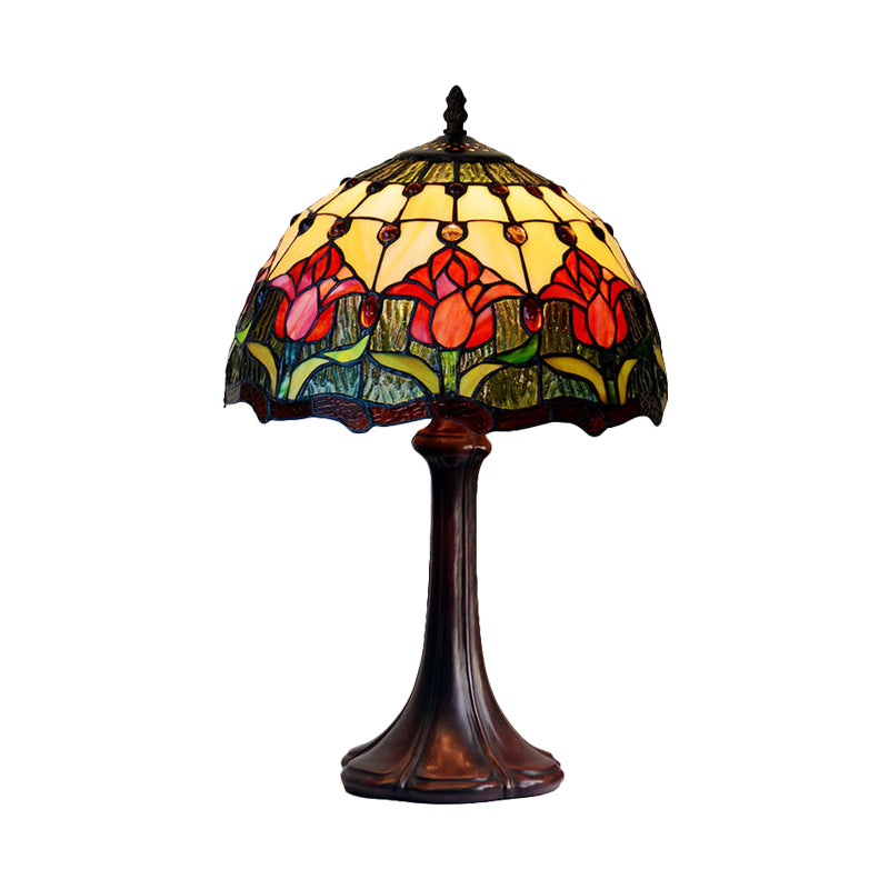 Flower Patterned Table Light Tiffany Style Stained Glass 1 Bulb Bronze Night Lamp