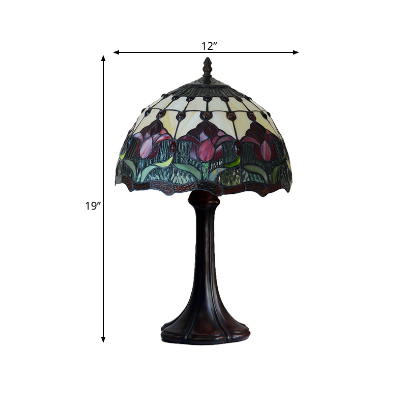 Flower Patterned Table Light Tiffany Style Stained Glass 1 Bulb Bronze Night Lamp
