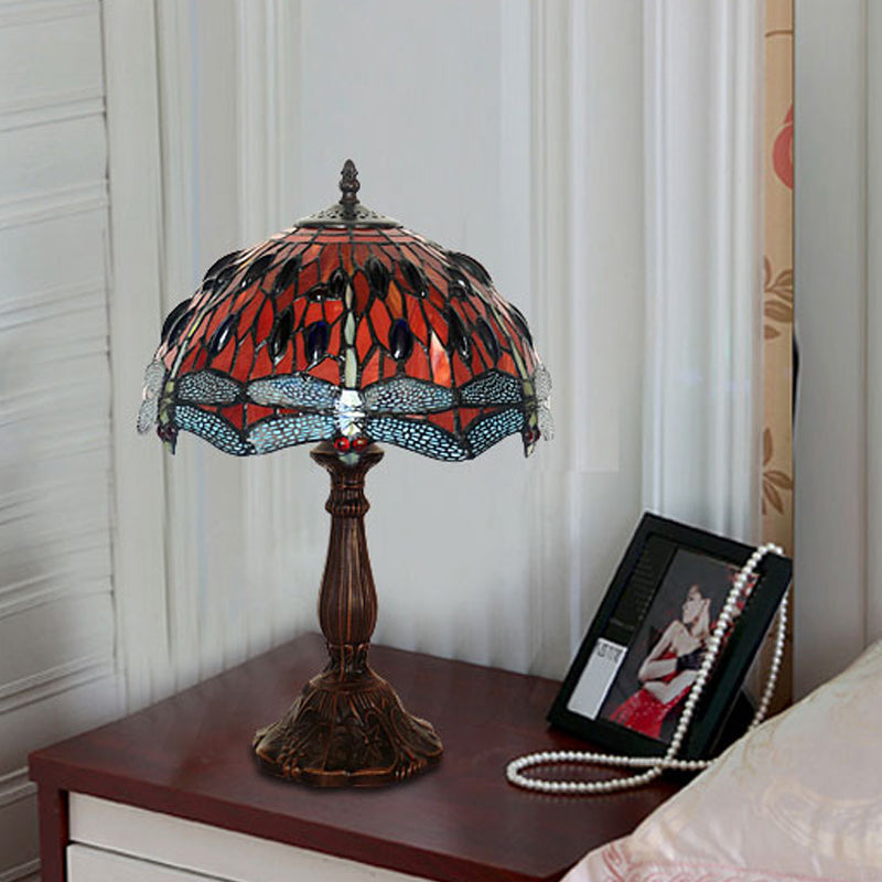 Laburnum Table Light 1-Light Red Glass Tiffany Nightstand Lamp with Gem-Like Cabochons in Bronze