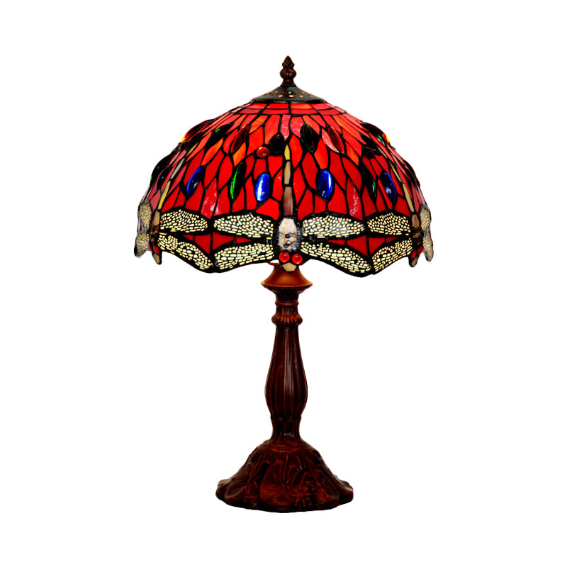 Laburnum Table Light 1-Light Red Glass Tiffany Nightstand Lamp with Gem-Like Cabochons in Bronze