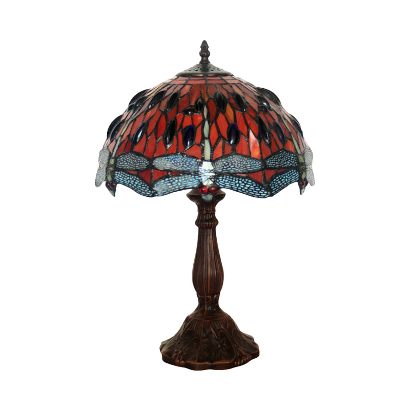 Laburnum Table Light 1-Light Red Glass Tiffany Nightstand Lamp with Gem-Like Cabochons in Bronze