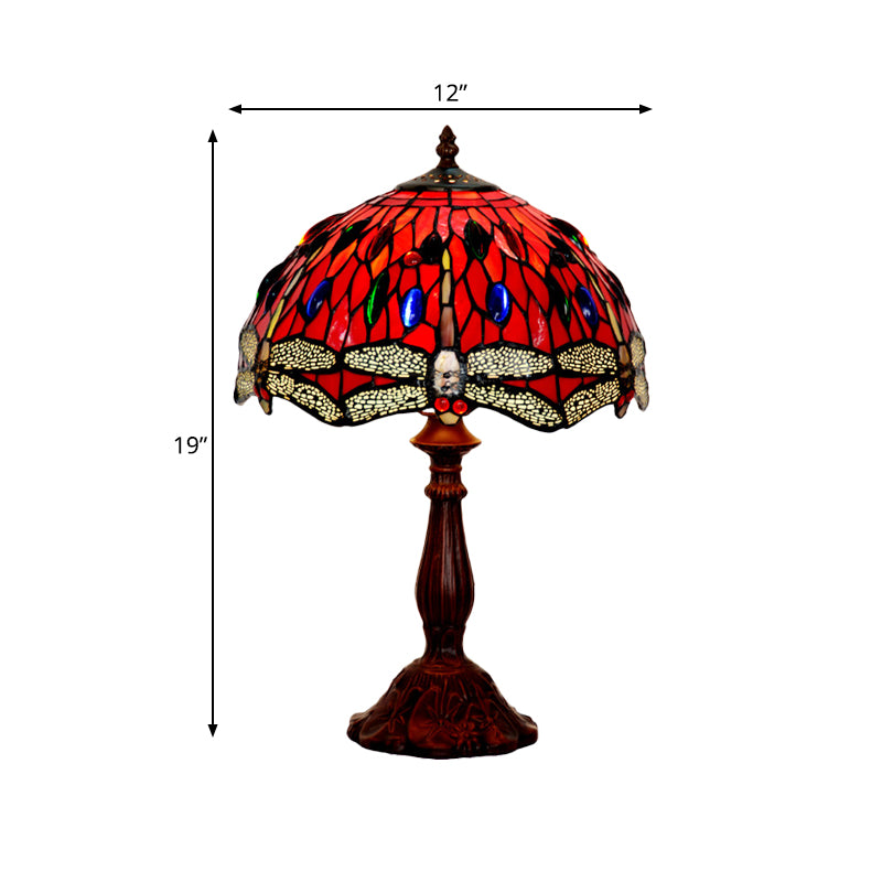 Laburnum Table Light 1-Light Red Glass Tiffany Nightstand Lamp with Gem-Like Cabochons in Bronze