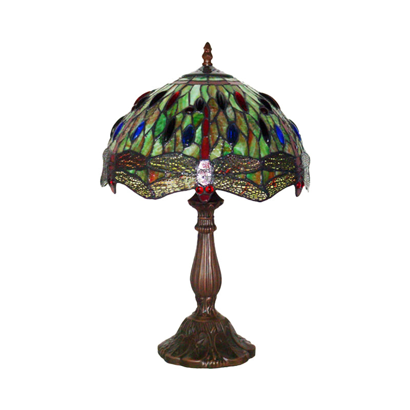 1-Bulb Lounge Night Lamp Tiffany Bronze Table Light with Dragonfly Green Stained Glass Shade