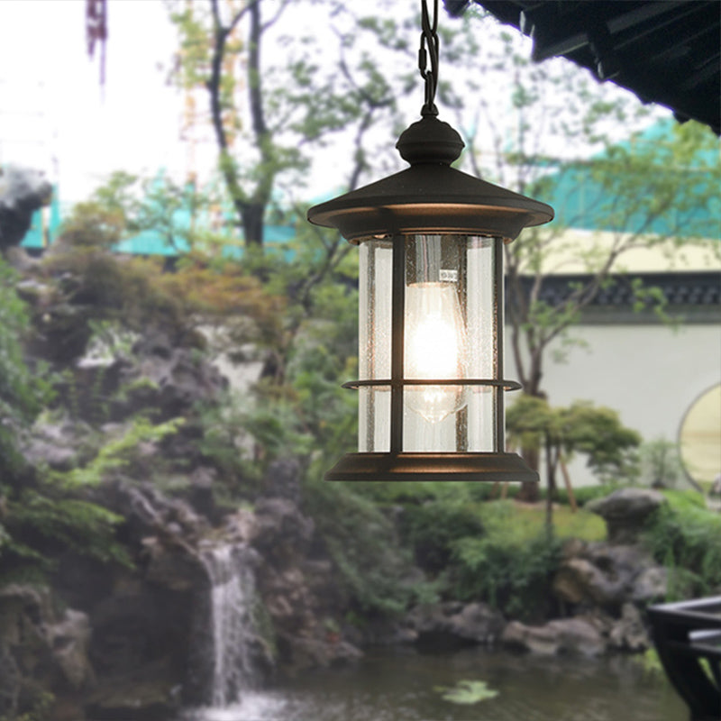 Lodge Lantern Hanging Pendant 1-Bulb Clear Glass Ceiling Suspension Lamp in Black for Balcony
