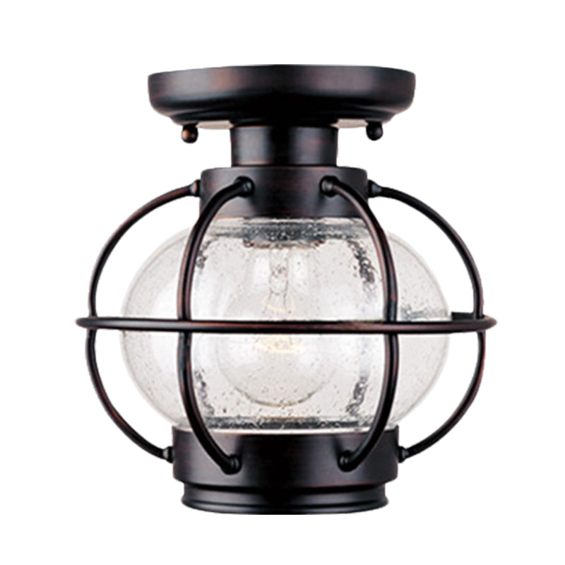 Lantern Bubble Glass Semi Flush Rural 1 Head Outdoor Flush Mount in Coffee with Metal Cage